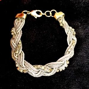 Grey leather braided bracelet with beads and crystals